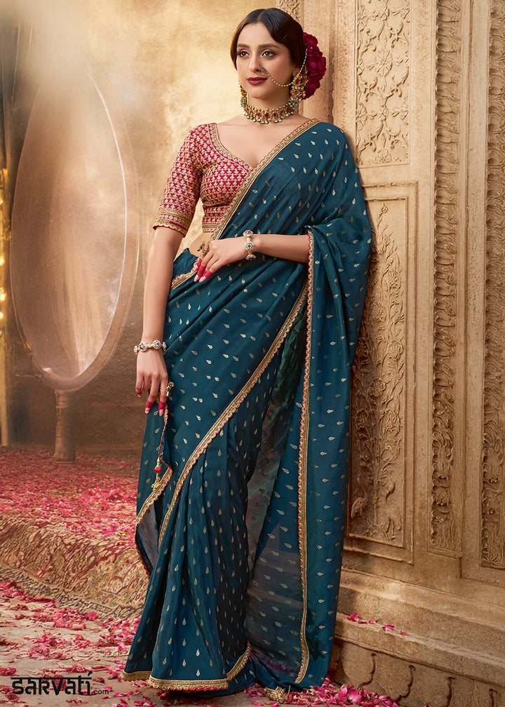 Prussian Blue Butta Work Viscose Silk Saree Paired with Embroidered Blouse