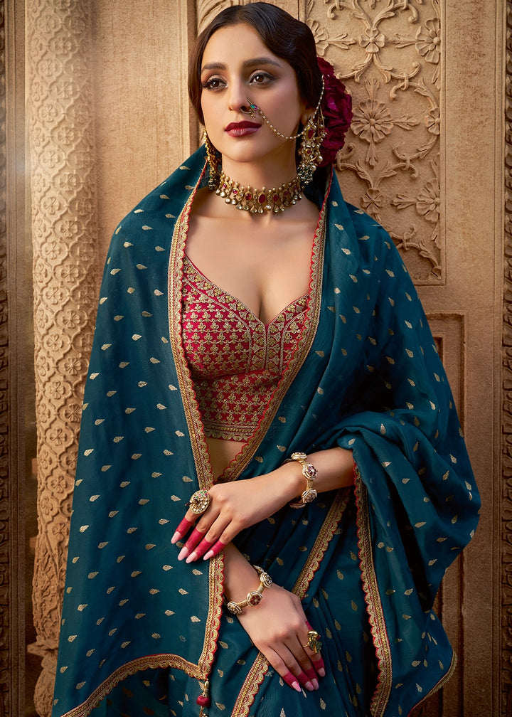 Prussian Blue Butta Work Viscose Silk Saree Paired with Embroidered Blouse