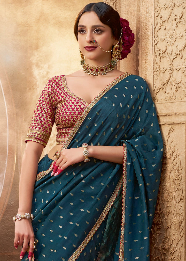 Prussian Blue Butta Work Viscose Silk Saree Paired with Embroidered Blouse