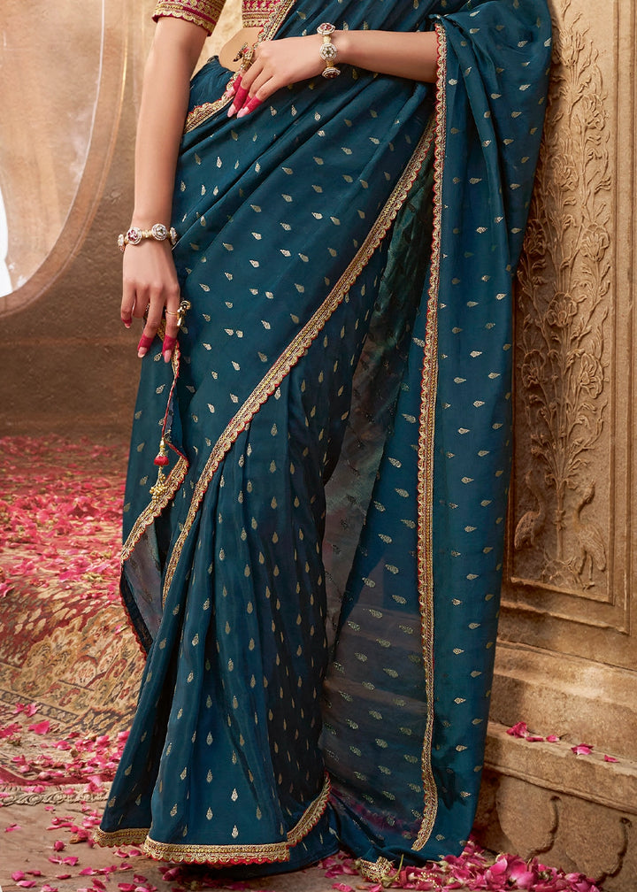Prussian Blue Butta Work Viscose Silk Saree Paired with Embroidered Blouse