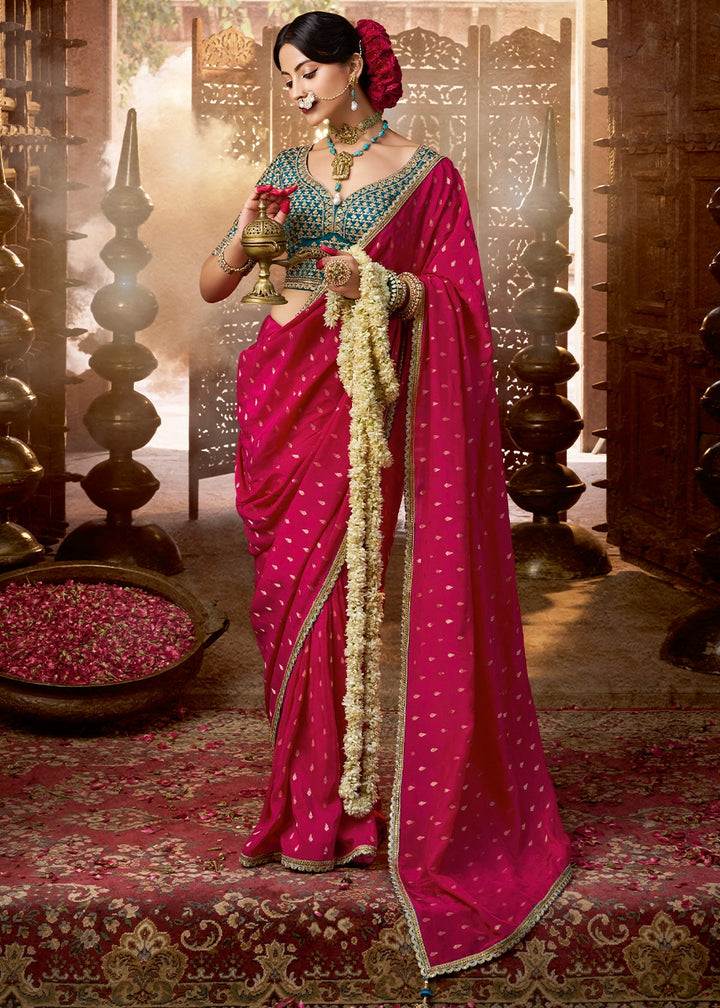 Raspberry Pink Butta Work Viscose Silk Saree Paired with Embroidered Blouse