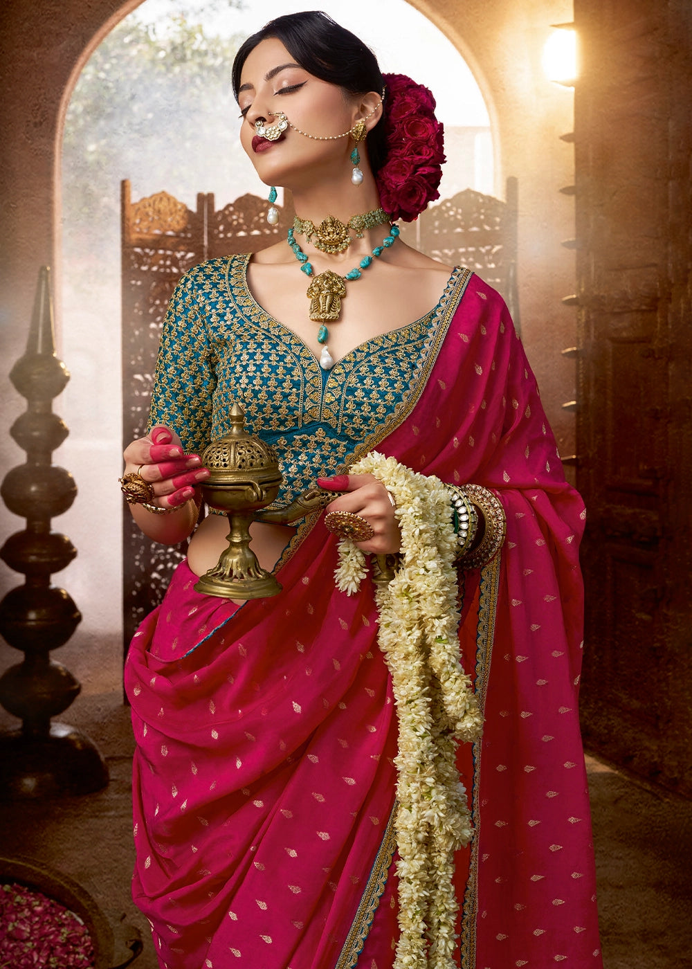 Raspberry Pink Butta Work Viscose Silk Saree Paired with Embroidered Blouse