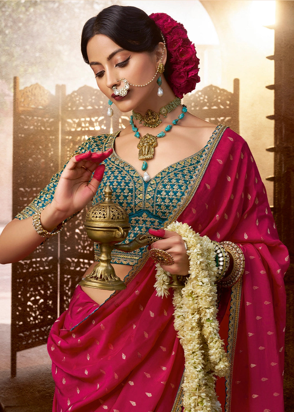 Raspberry Pink Butta Work Viscose Silk Saree Paired with Embroidered Blouse