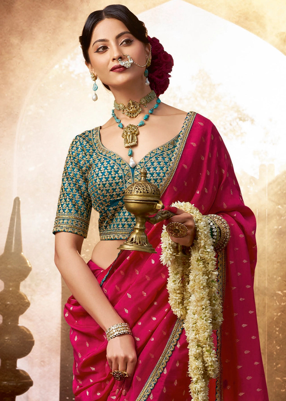 Raspberry Pink Butta Work Viscose Silk Saree Paired with Embroidered Blouse