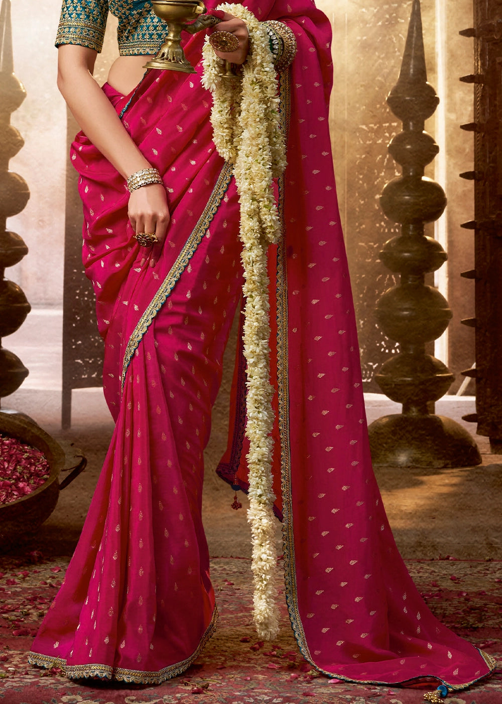 Raspberry Pink Butta Work Viscose Silk Saree Paired with Embroidered Blouse