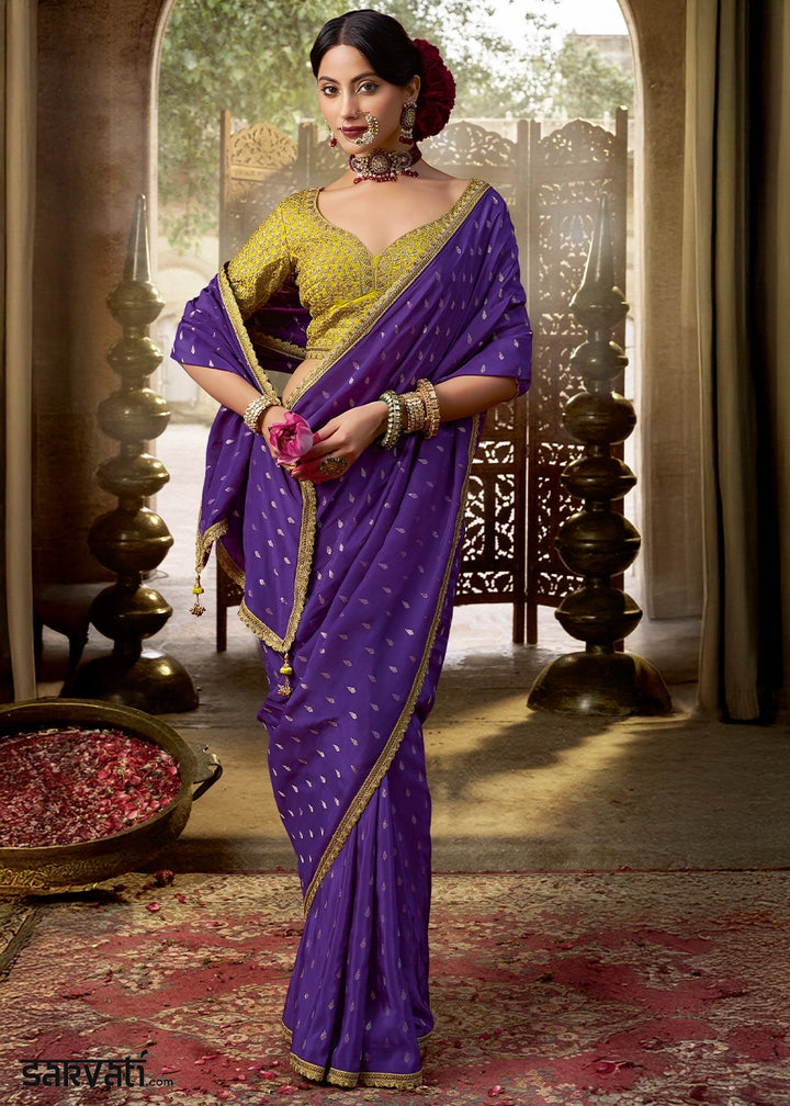 Indigo Purple Butta Work Viscose Silk Saree Paired with Embroidered Blouse