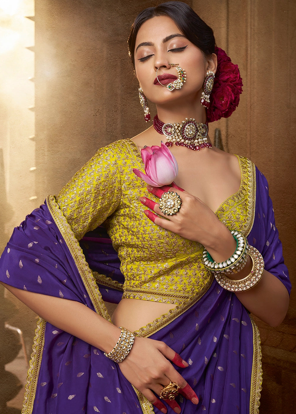 Indigo Purple Butta Work Viscose Silk Saree Paired with Embroidered Blouse