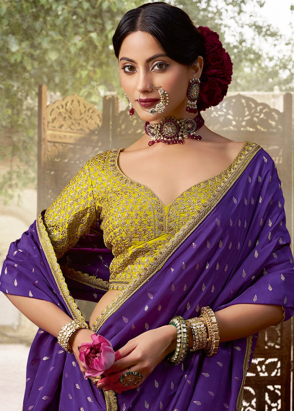 Indigo Purple Butta Work Viscose Silk Saree Paired with Embroidered Blouse