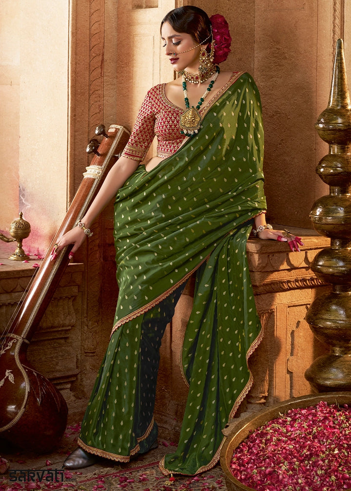 Grasshopper Green Butta Work Viscose Silk Saree Paired with Embroidered Blouse