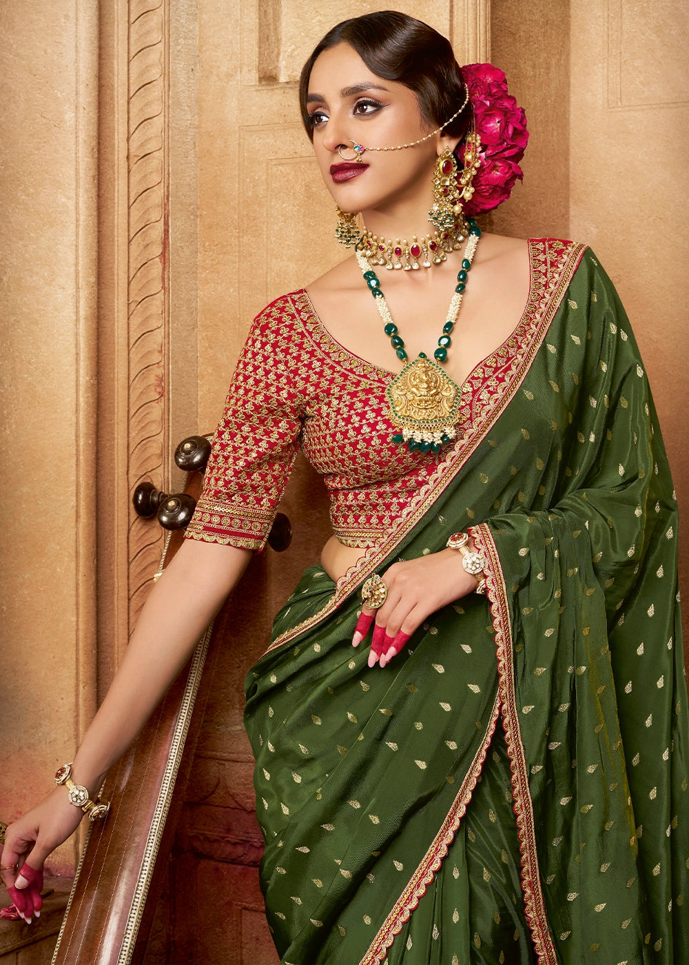 Grasshopper Green Butta Work Viscose Silk Saree Paired with Embroidered Blouse