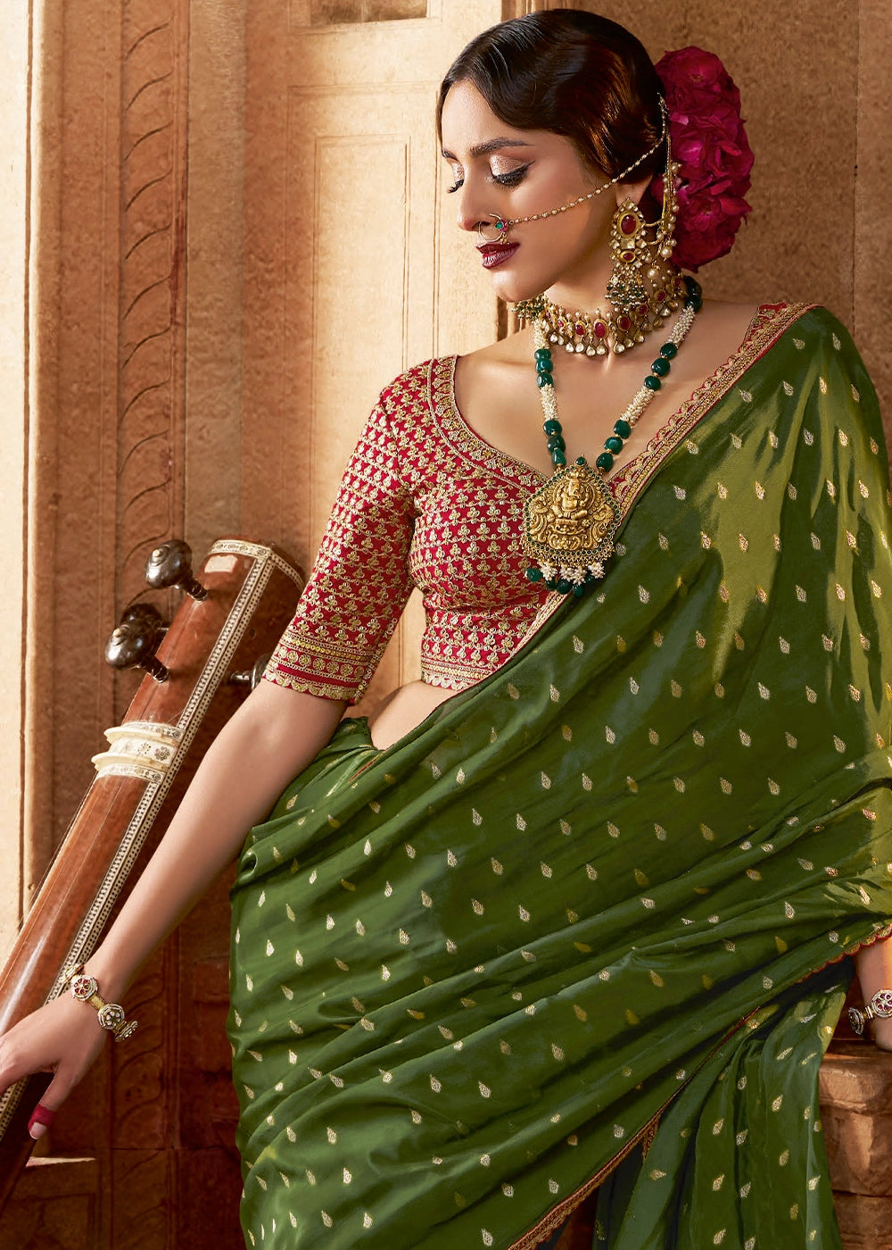 Grasshopper Green Butta Work Viscose Silk Saree Paired with Embroidered Blouse