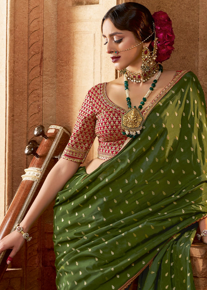 Grasshopper Green Butta Work Viscose Silk Saree Paired with Embroidered Blouse