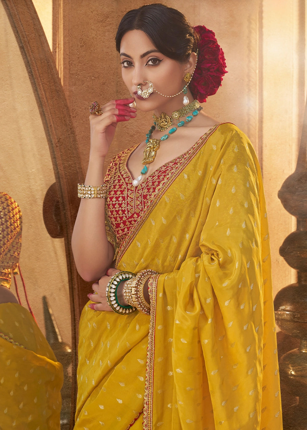 Saffron Yellow Butta Work Viscose Silk Saree Paired with Embroidered Blouse