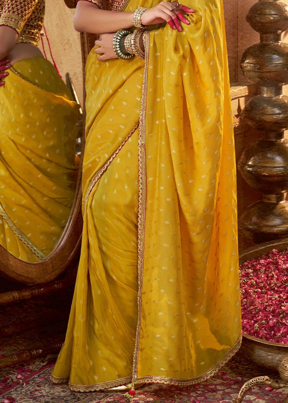 Saffron Yellow Butta Work Viscose Silk Saree Paired with Embroidered Blouse
