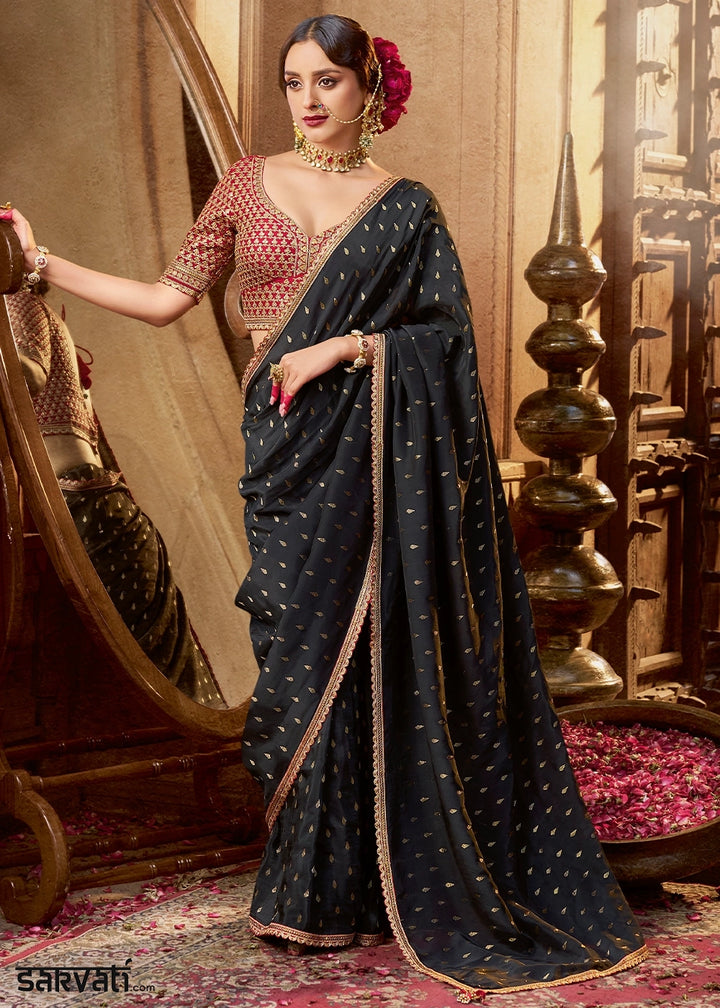 Midnight Black Butta Work Viscose Silk Saree Paired with Embroidered Blouse