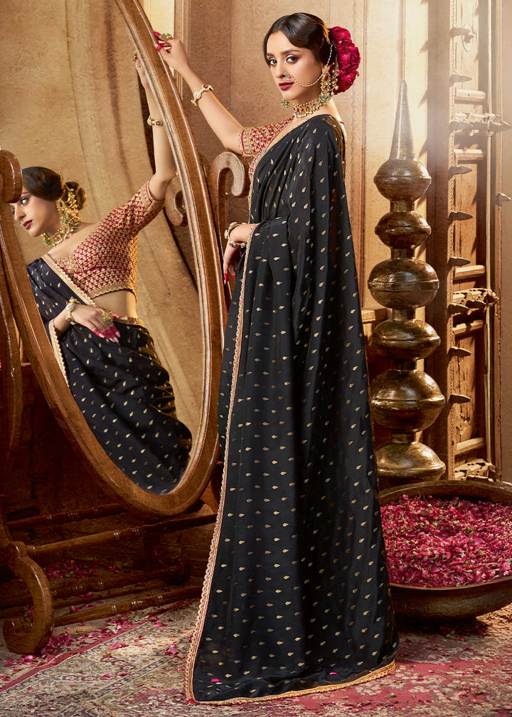 Midnight Black Butta Work Viscose Silk Saree Paired with Embroidered Blouse
