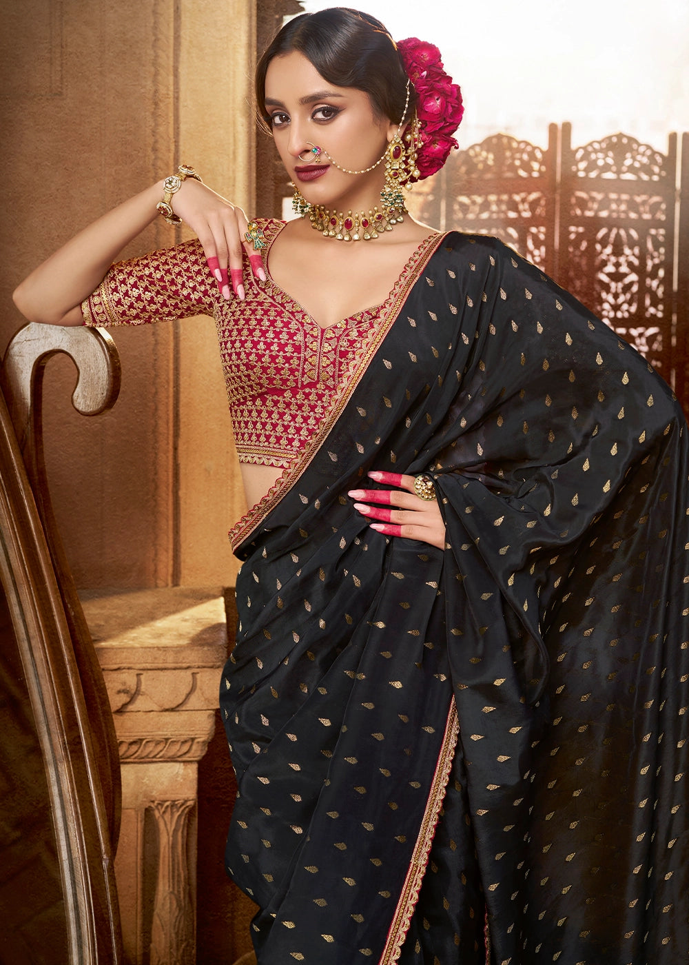 Midnight Black Butta Work Viscose Silk Saree Paired with Embroidered Blouse