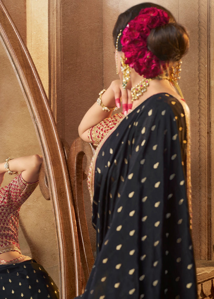 Midnight Black Butta Work Viscose Silk Saree Paired with Embroidered Blouse