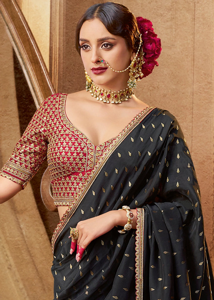 Midnight Black Butta Work Viscose Silk Saree Paired with Embroidered Blouse