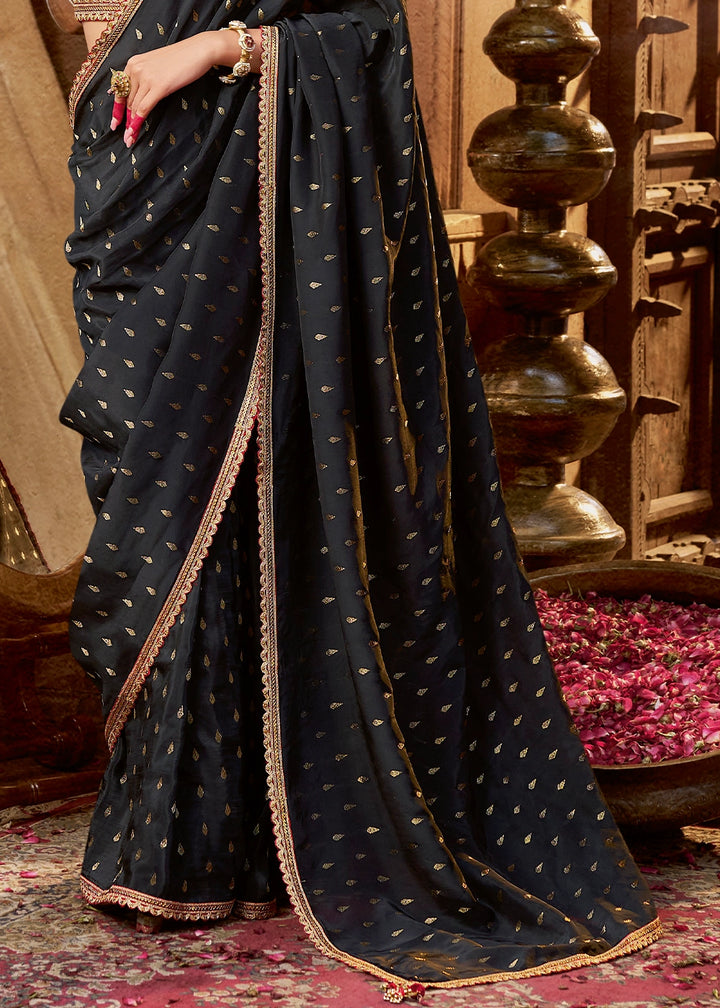 Midnight Black Butta Work Viscose Silk Saree Paired with Embroidered Blouse