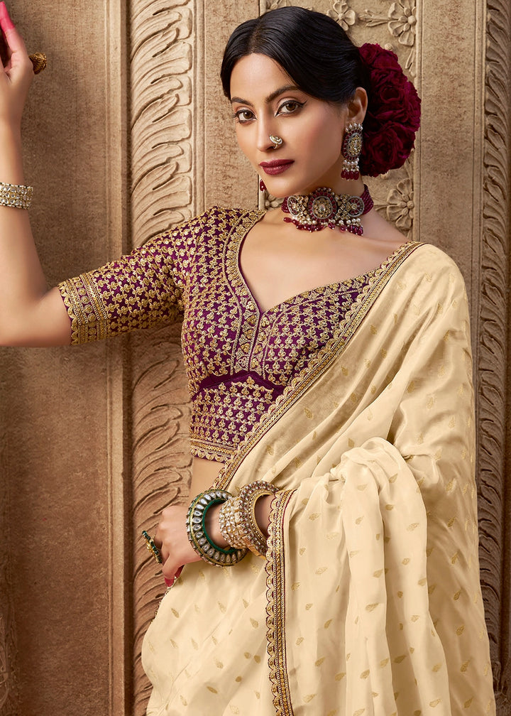 Cream White Butta Work Viscose Silk Saree Paired with Embroidered Blouse