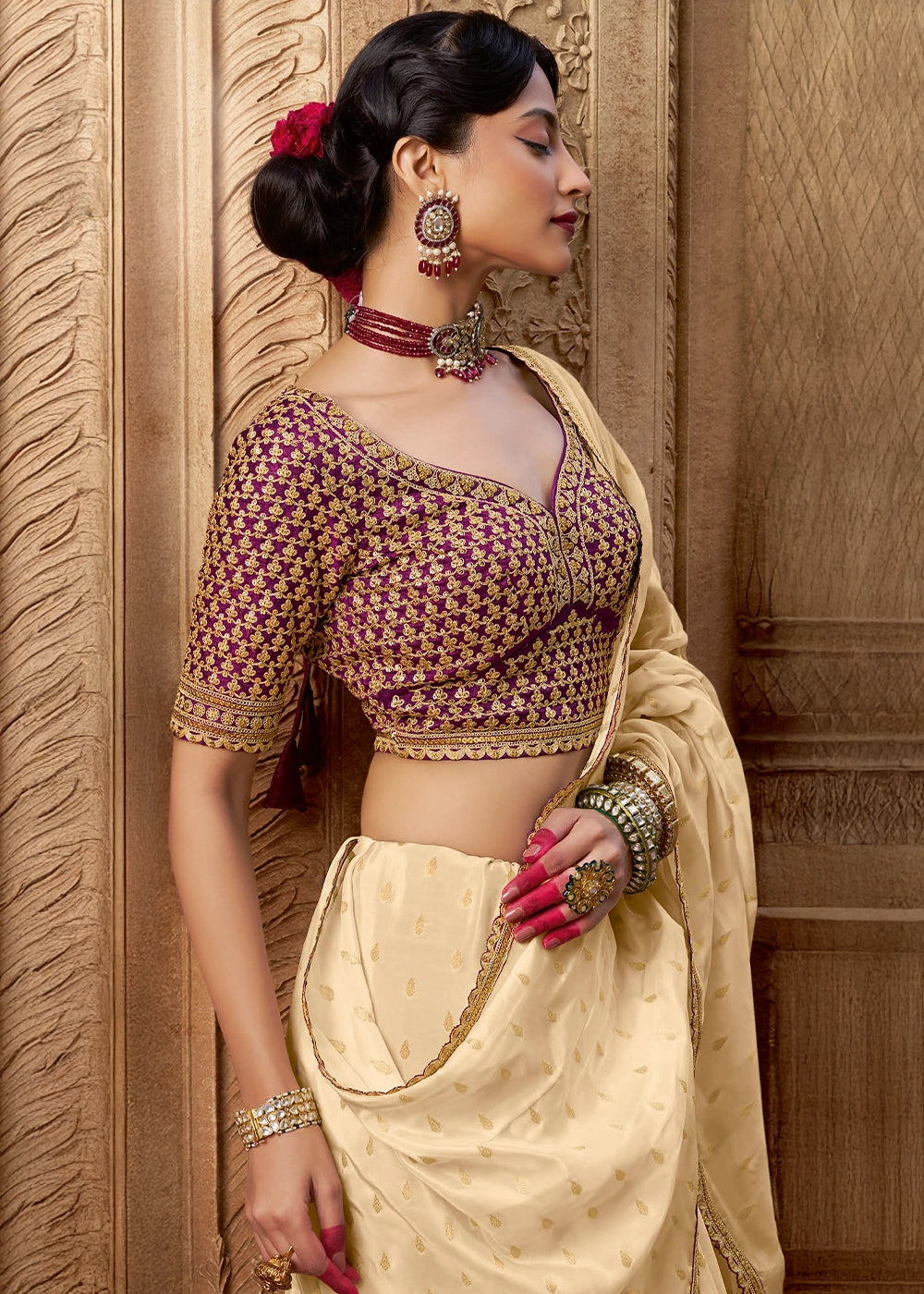 Cream White Butta Work Viscose Silk Saree Paired with Embroidered Blouse