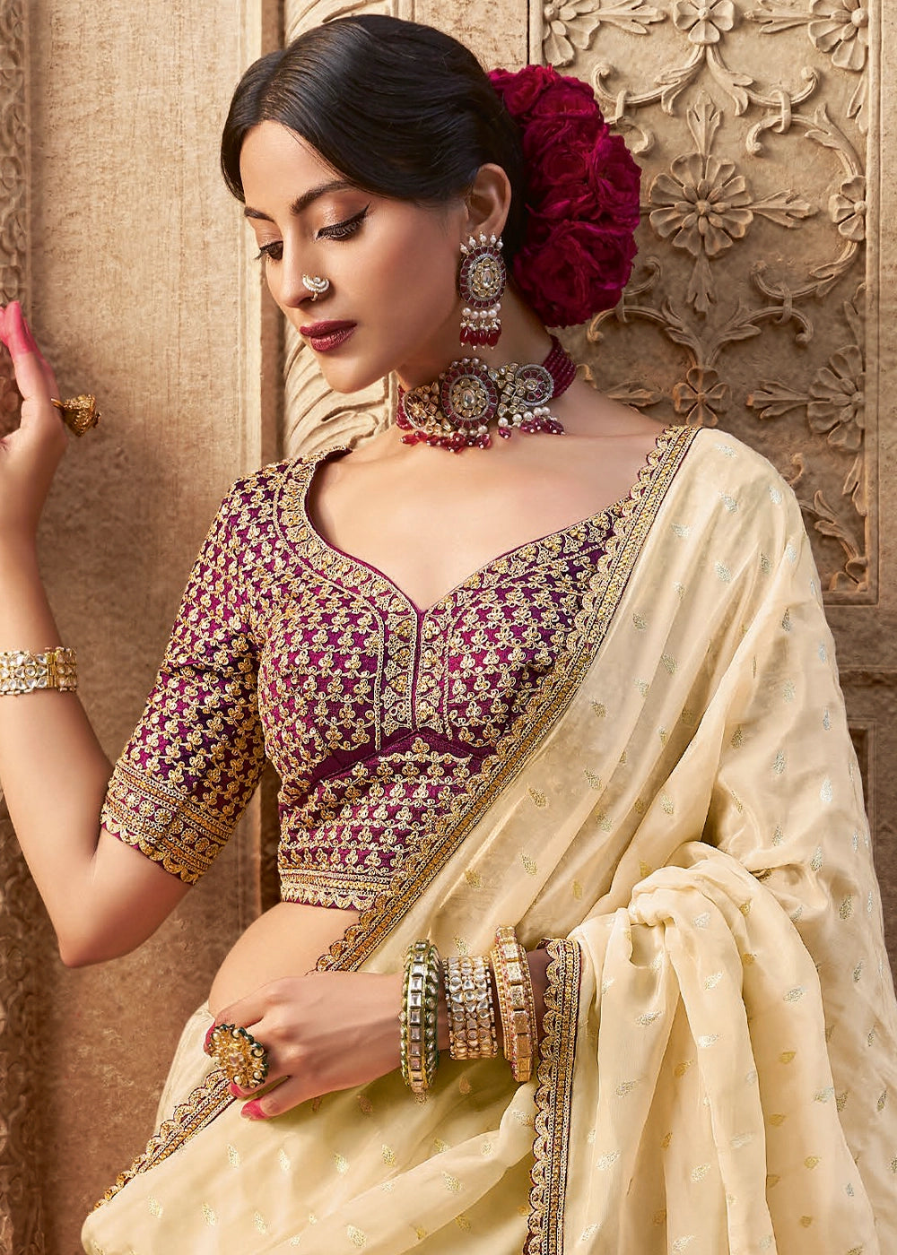 Cream White Butta Work Viscose Silk Saree Paired with Embroidered Blouse
