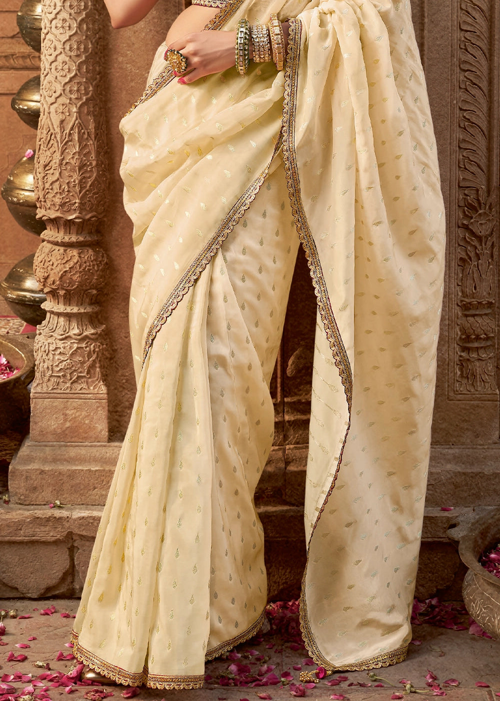 Cream White Butta Work Viscose Silk Saree Paired with Embroidered Blouse