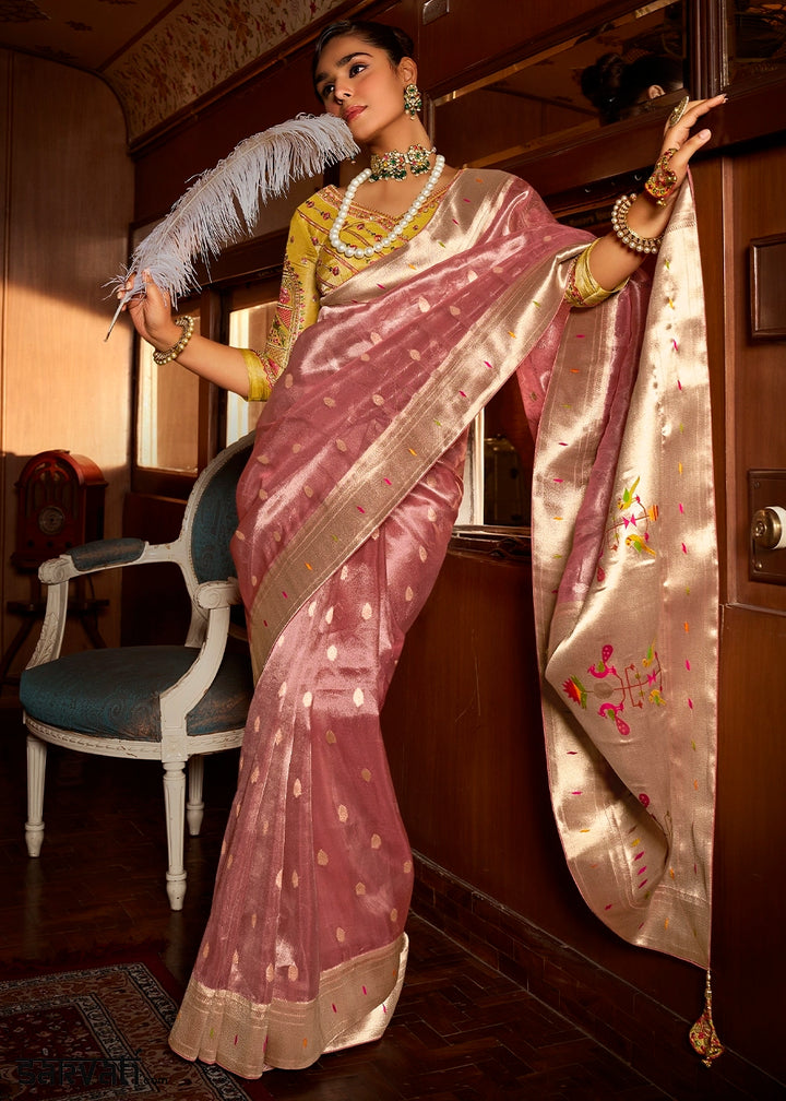 Dazzle Pink Tissue Silk Paithani Saree with Heavy Hand Embroidered Blouse