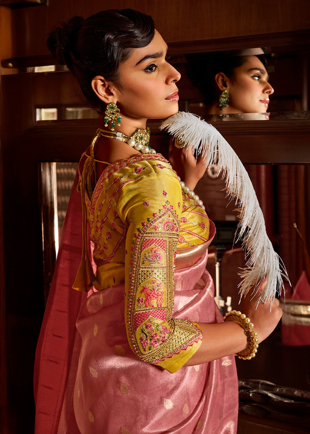 Dazzle Pink Tissue Silk Paithani Saree with Heavy Hand Embroidered Blouse