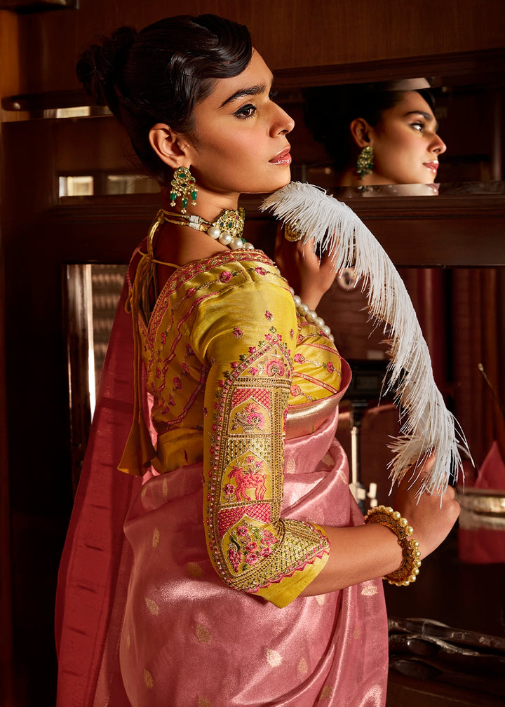 Dazzle Pink Tissue Silk Paithani Saree with Heavy Hand Embroidered Blouse