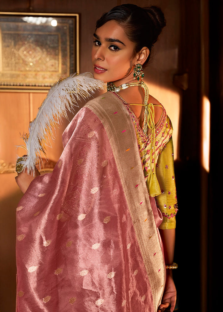 Dazzle Pink Tissue Silk Paithani Saree with Heavy Hand Embroidered Blouse