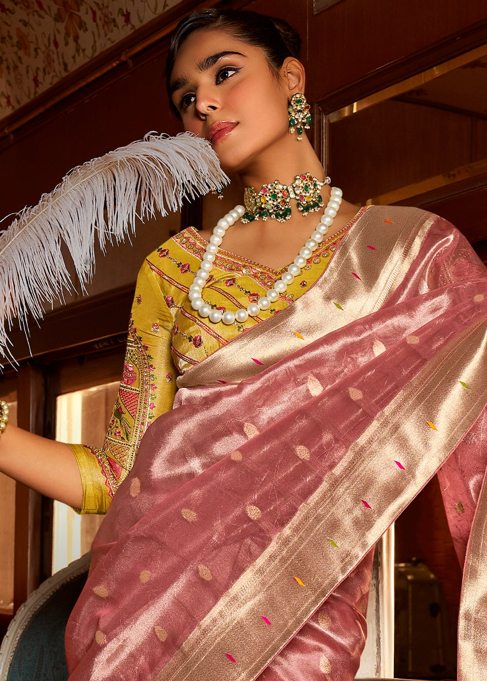 Dazzle Pink Tissue Silk Paithani Saree with Heavy Hand Embroidered Blouse