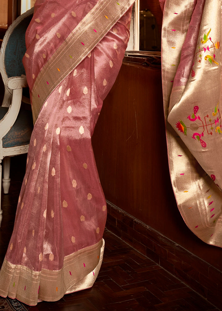 Dazzle Pink Tissue Silk Paithani Saree with Heavy Hand Embroidered Blouse