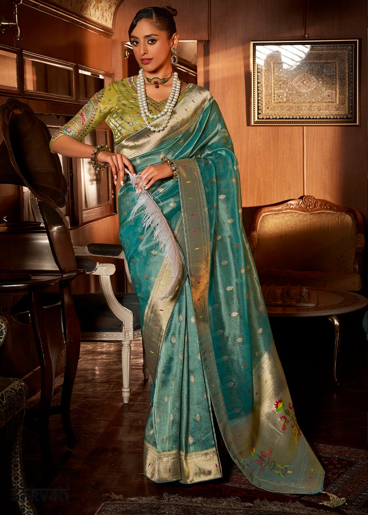 Cyan Blue Tissue Silk Paithani Saree with Heavy Hand Embroidered Blouse