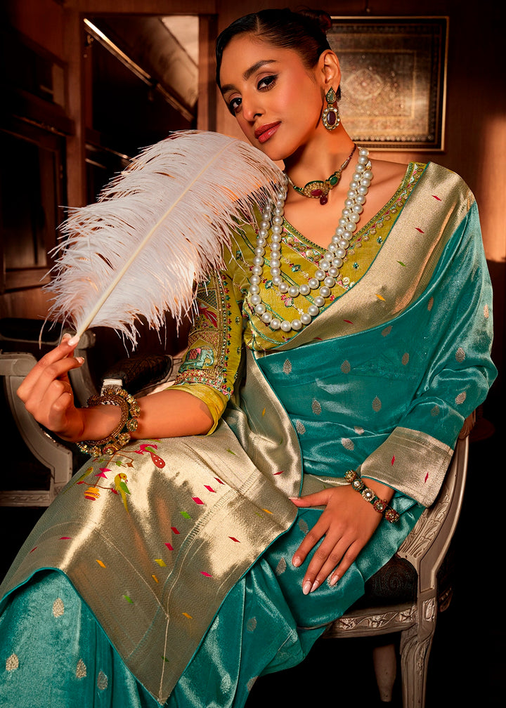Cyan Blue Tissue Silk Paithani Saree with Heavy Hand Embroidered Blouse