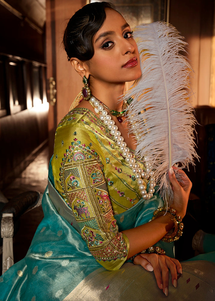 Cyan Blue Tissue Silk Paithani Saree with Heavy Hand Embroidered Blouse