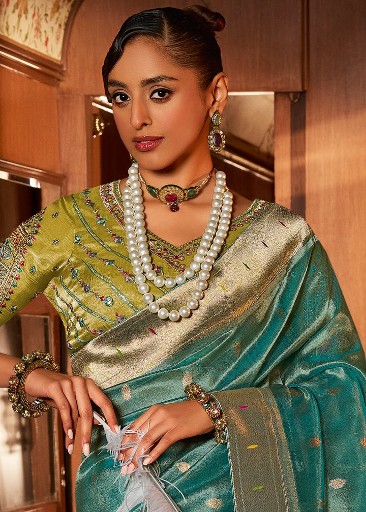 Cyan Blue Tissue Silk Paithani Saree with Heavy Hand Embroidered Blouse