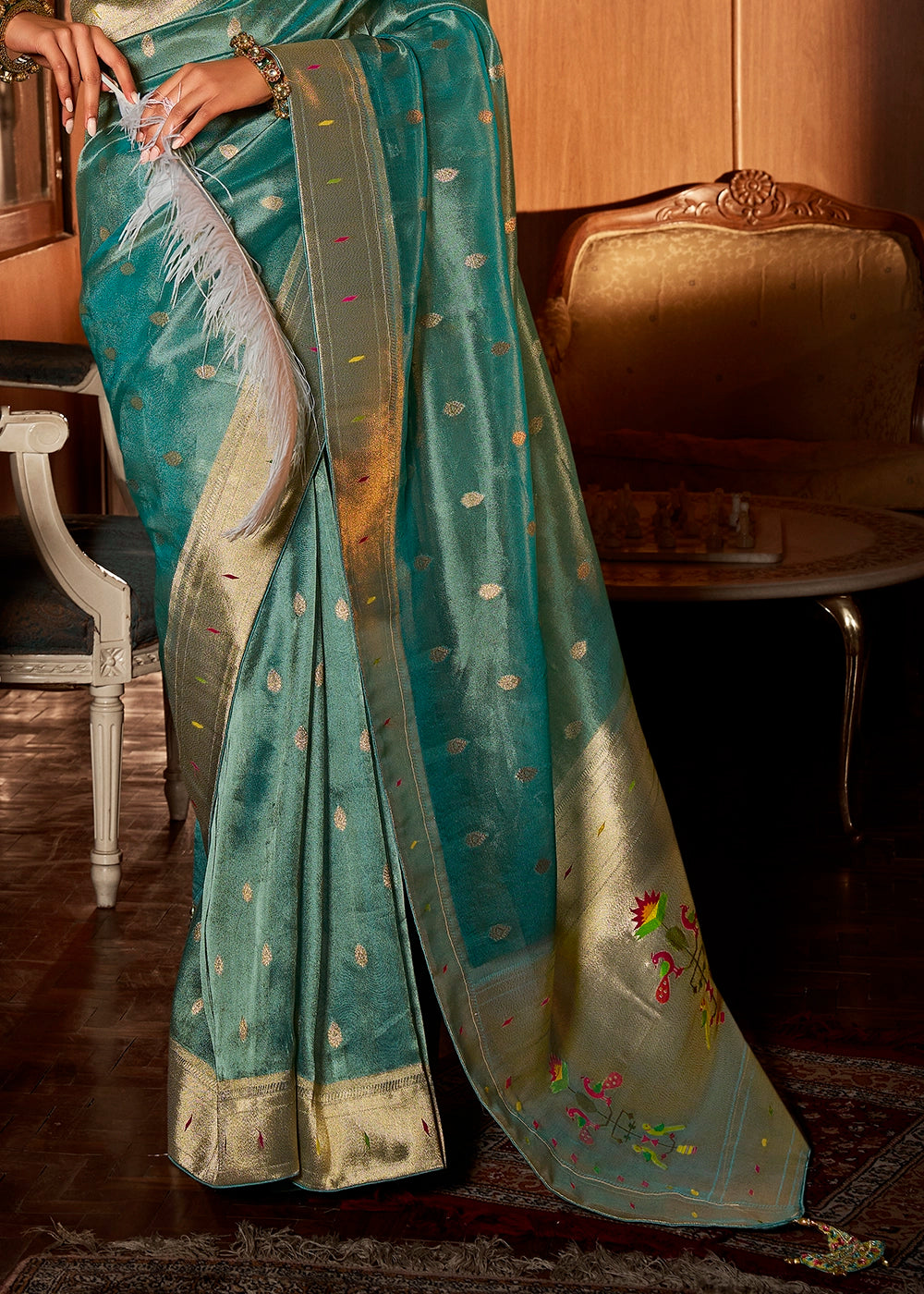 Cyan Blue Tissue Silk Paithani Saree with Heavy Hand Embroidered Blouse