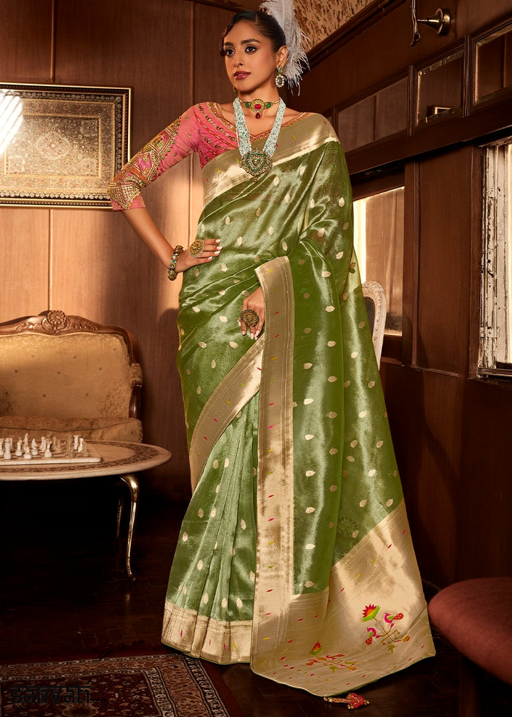 Olive Green Tissue Silk Paithani Saree with Heavy Hand Embroidered Blouse