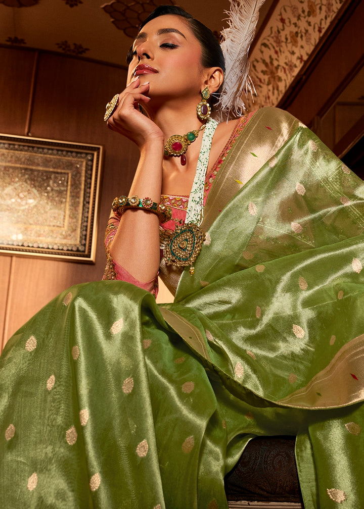 Olive Green Tissue Silk Paithani Saree with Heavy Hand Embroidered Blouse