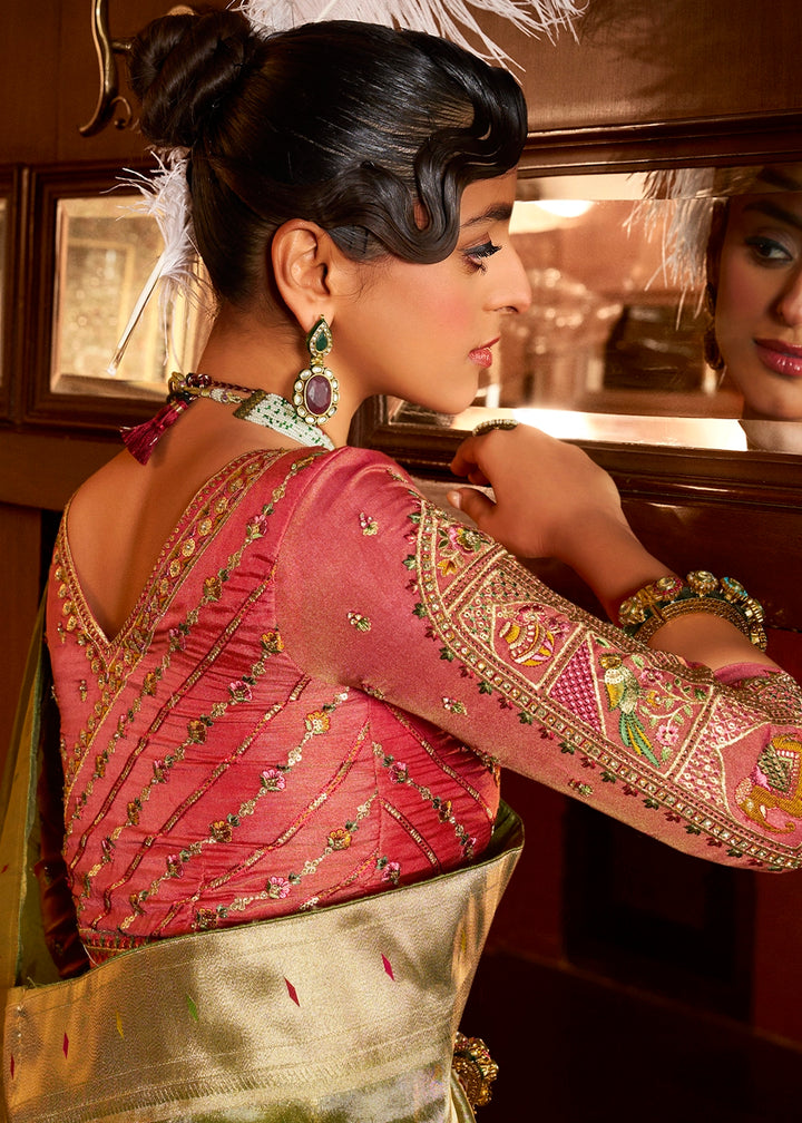 Olive Green Tissue Silk Paithani Saree with Heavy Hand Embroidered Blouse