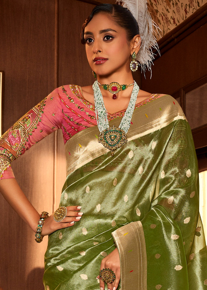 Olive Green Tissue Silk Paithani Saree with Heavy Hand Embroidered Blouse