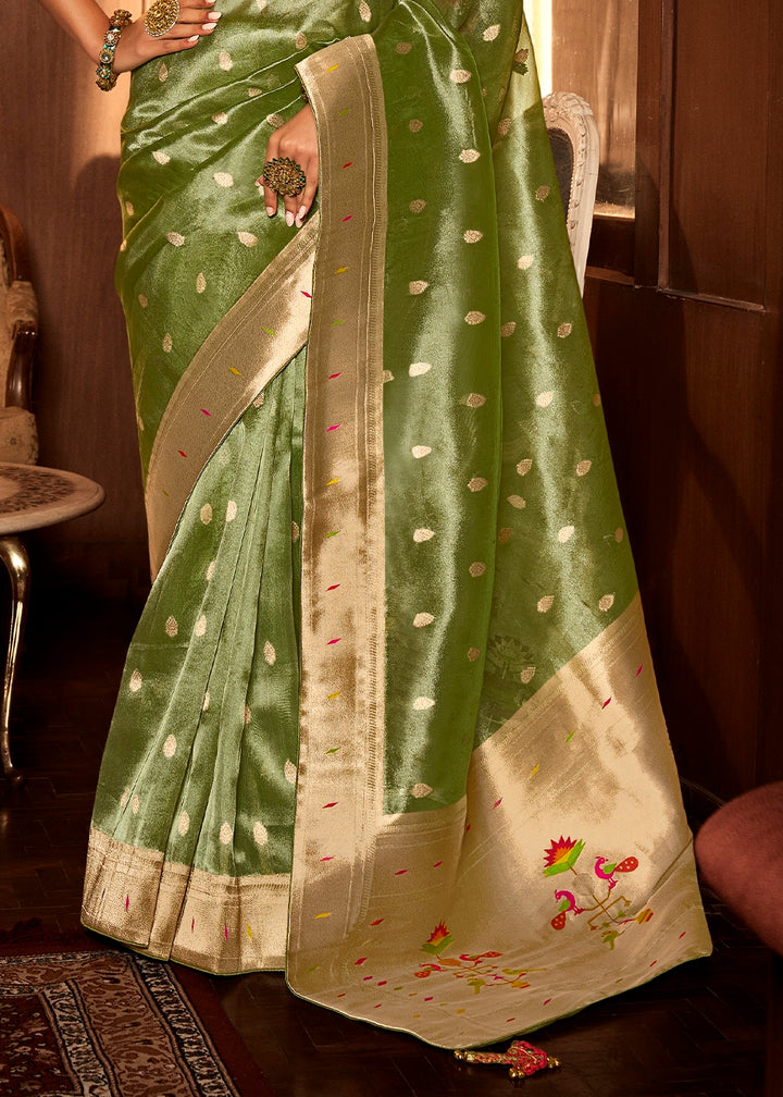 Olive Green Tissue Silk Paithani Saree with Heavy Hand Embroidered Blouse