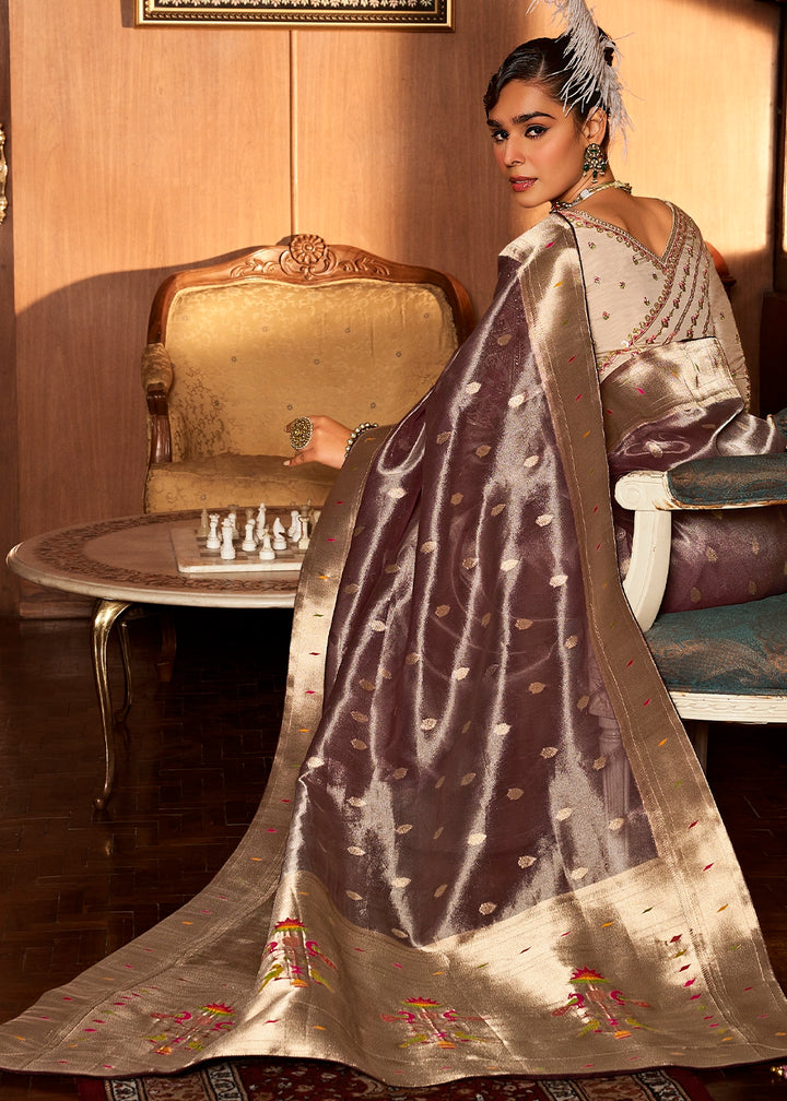 Mauve Taupe Purple Tissue Silk Paithani Saree with Heavy Hand Embroidered Blouse