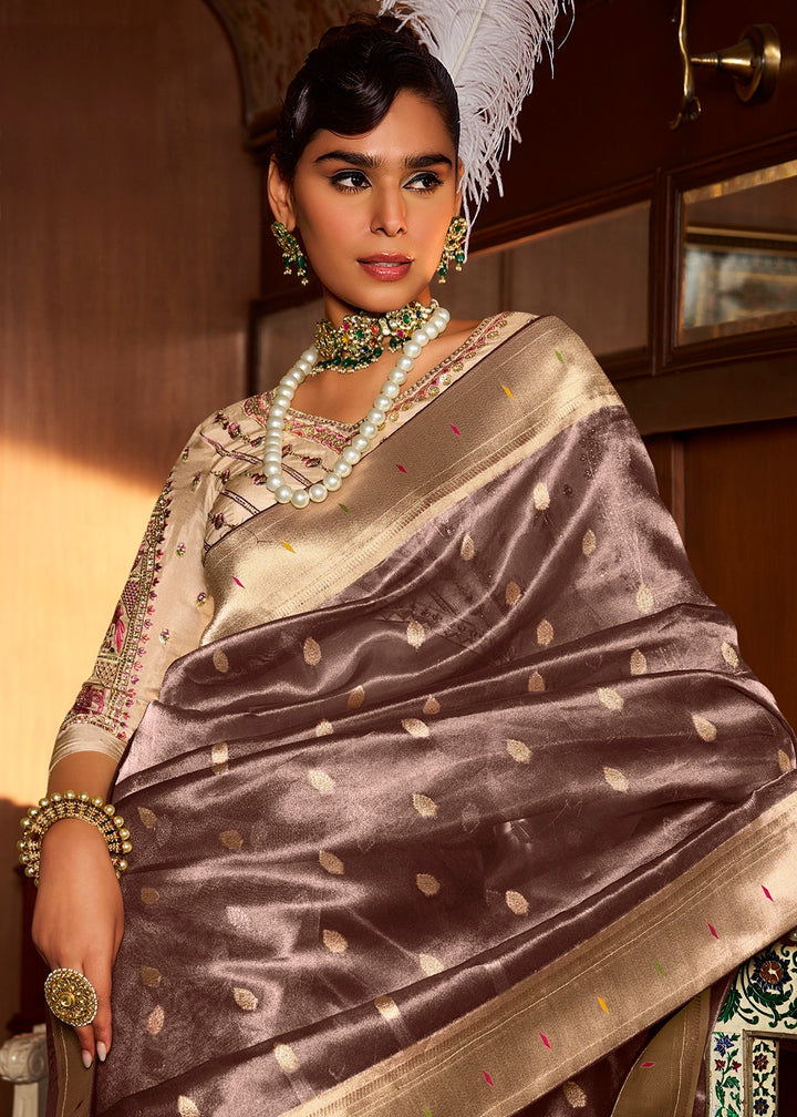 Mauve Taupe Purple Tissue Silk Paithani Saree with Heavy Hand Embroidered Blouse