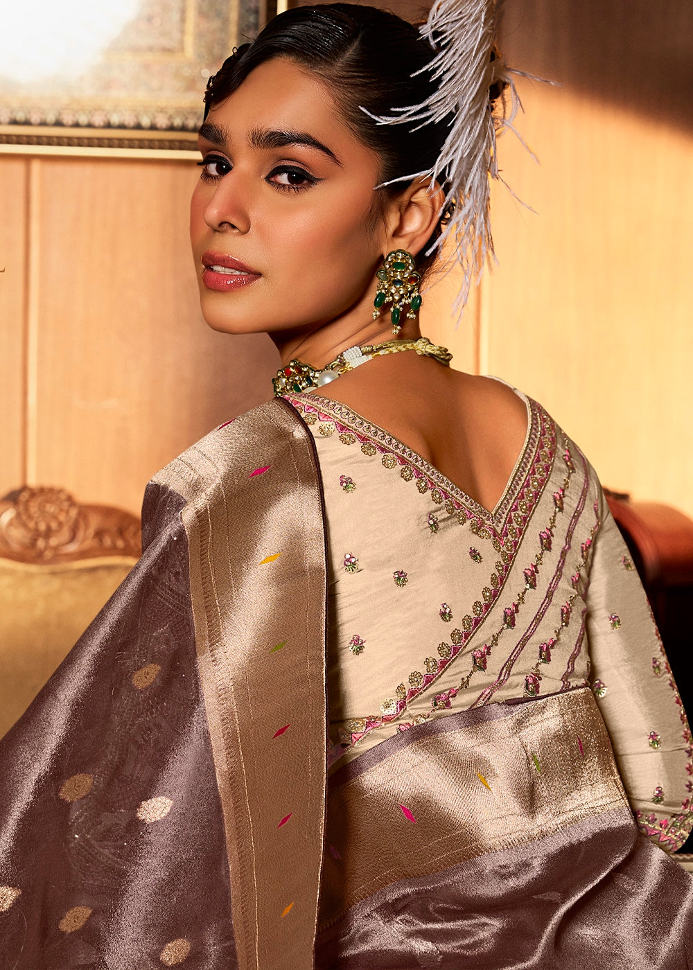 Mauve Taupe Purple Tissue Silk Paithani Saree with Heavy Hand Embroidered Blouse