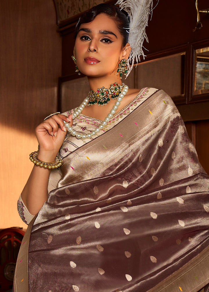 Mauve Taupe Purple Tissue Silk Paithani Saree with Heavy Hand Embroidered Blouse