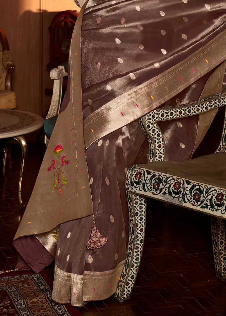 Mauve Taupe Purple Tissue Silk Paithani Saree with Heavy Hand Embroidered Blouse