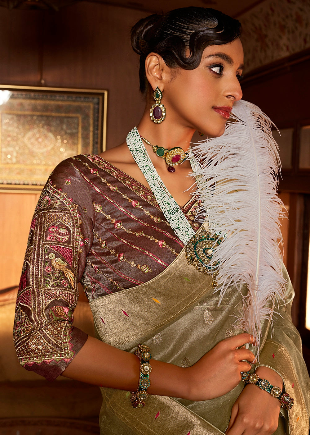 Light Green Tissue Silk Paithani Saree with Heavy Hand Embroidered Blouse